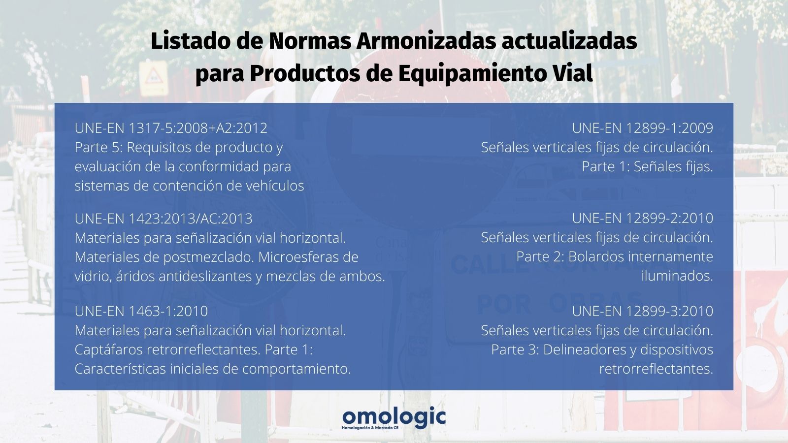 Marcado CE para Equipamiento Vial con Omologic listado de normas armonizadas actualizadas para obtener el marcado ce en productos de equipamiento vial