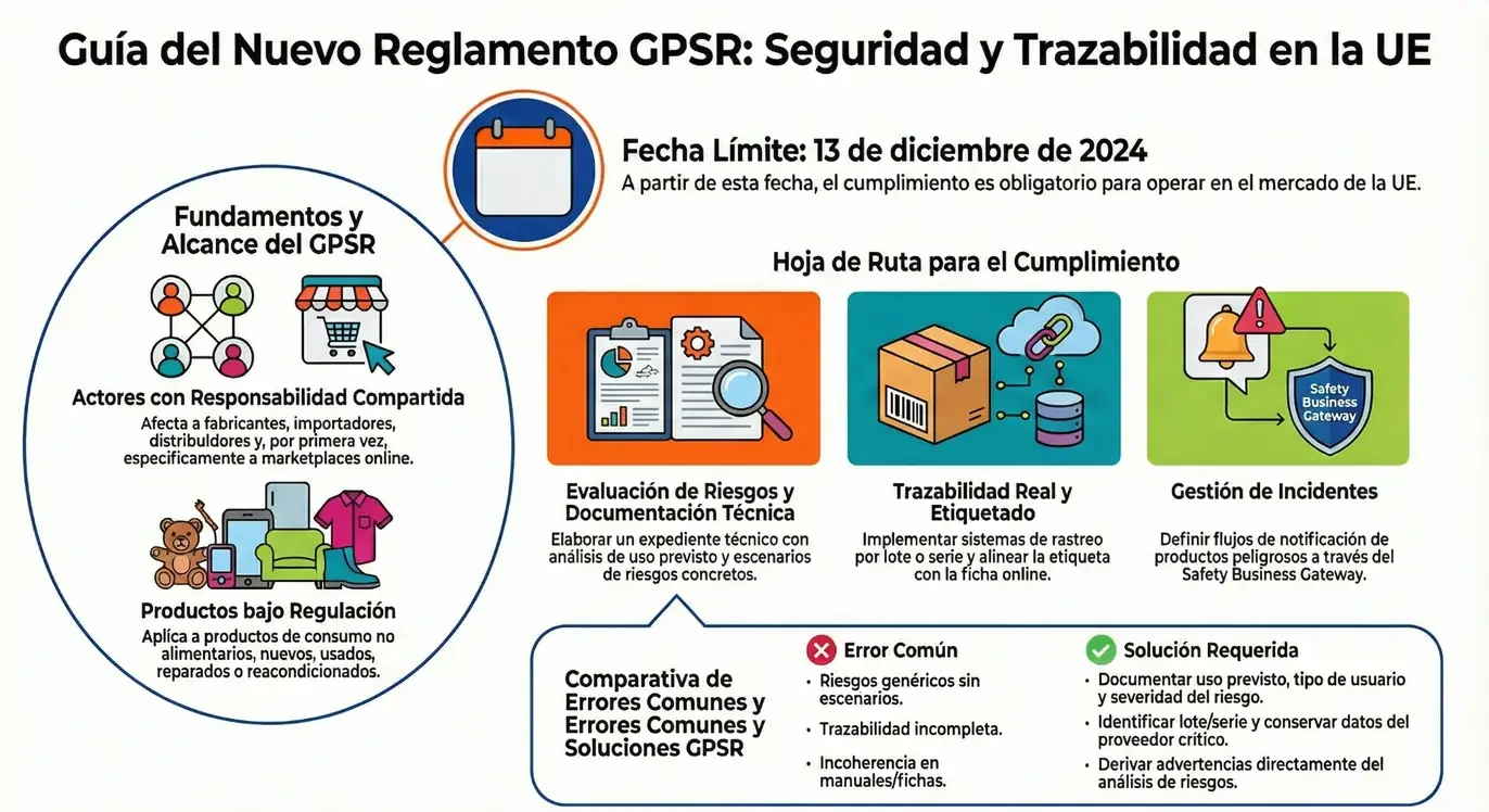 GPSR y Reglamento (UE) 2023/988: Lo que fabricantes e importadores necesitan saber Infografía representativa y explicativa sobre el nuevo reglamento de GPSR