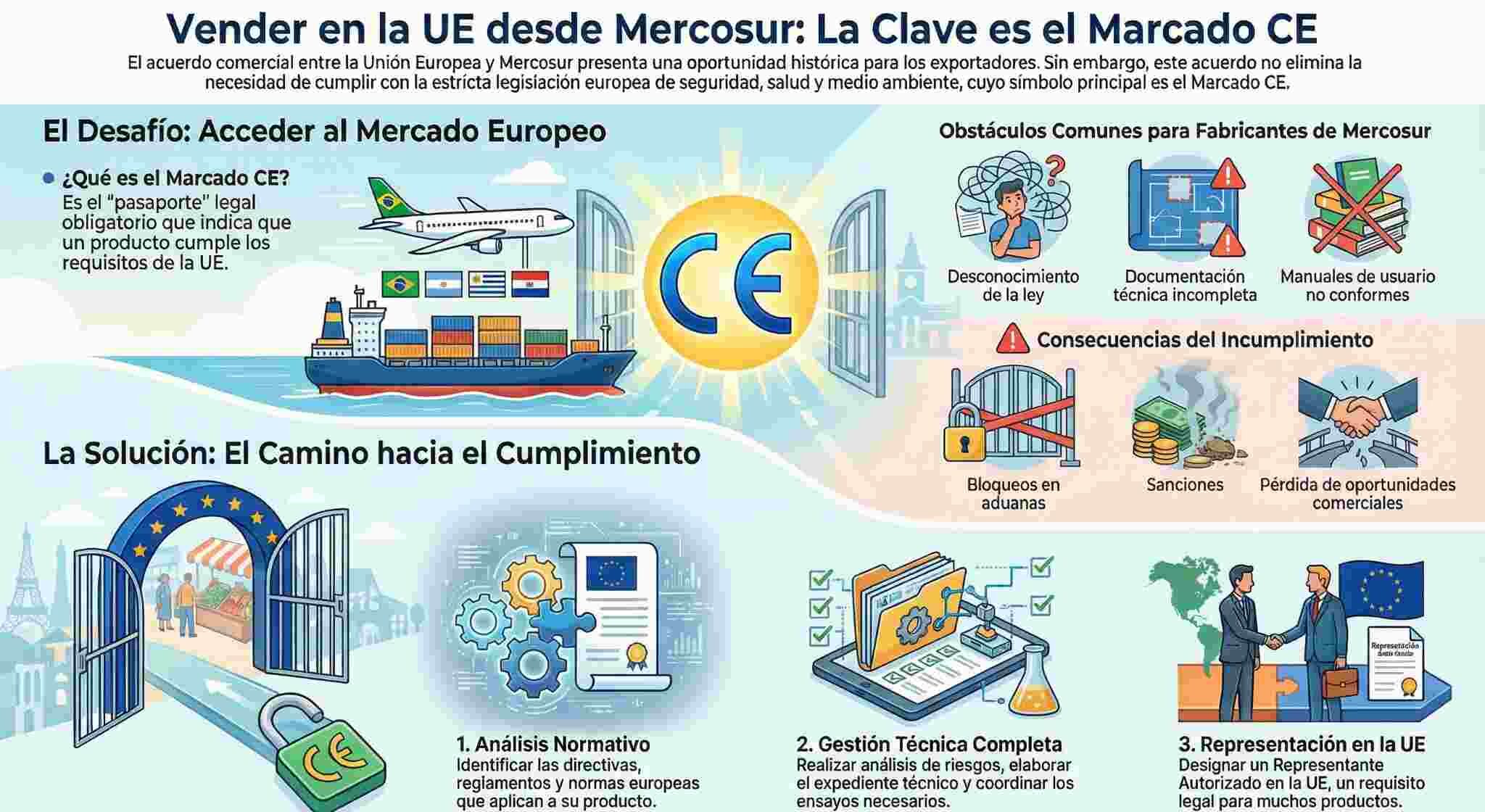Cómo vender tus productos en la Unión Europea desde Mercosur: Marcado CE, requisitos y oportunidades tras el acuerdo UE–Mercosur Imagen descriptiva sobre las principales claves del acuerdo de la UE y Mercosur