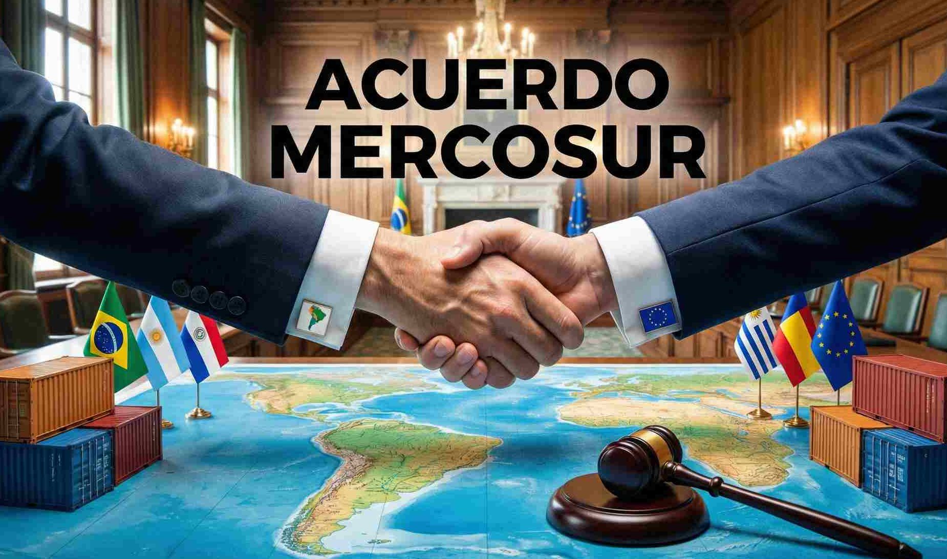 Manos estrechándose provenientes de los diferentes continentes por el acuerdo entre la UE y Mercosur