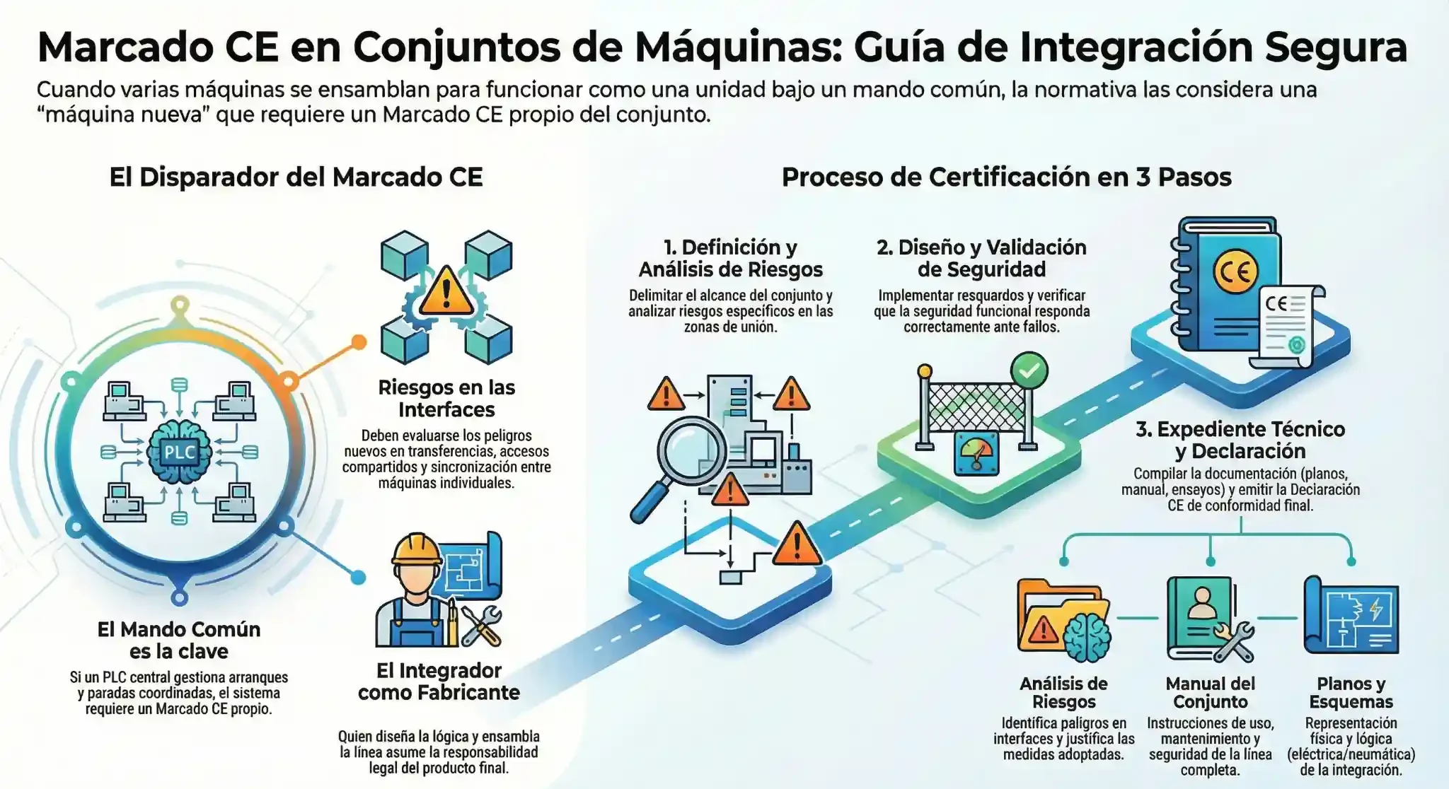 Marcado CE de conjuntos de máquinas: cuándo es obligatorio y quién es responsable Infografía explicativa sobre el marcado CE en conjuntos de máquinas