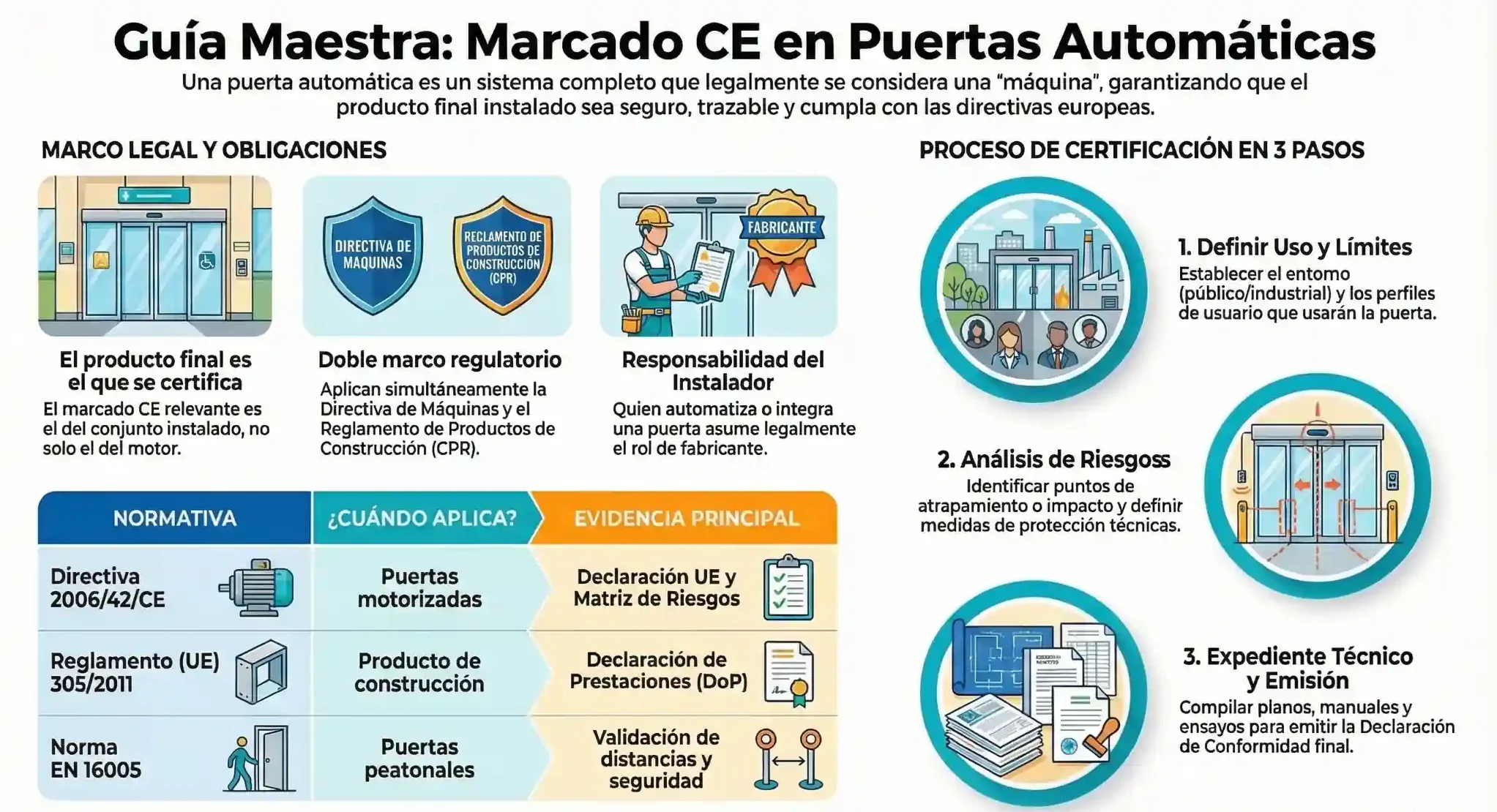 Marcado CE de Puertas Automáticas: Normativa, procedimiento y obligaciones Legales Infografía descriptiva sobre el marcado CE en puertas automáticas