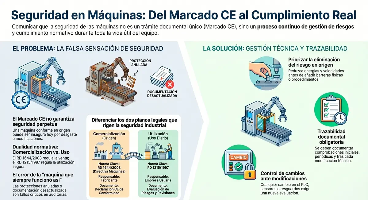 Seguridad en máquinas: normativa, medidas de protección y cómo cumplirlas en tu empresa Infografía explicativa sobre la seguridad en máquinas y su cumplimiento real