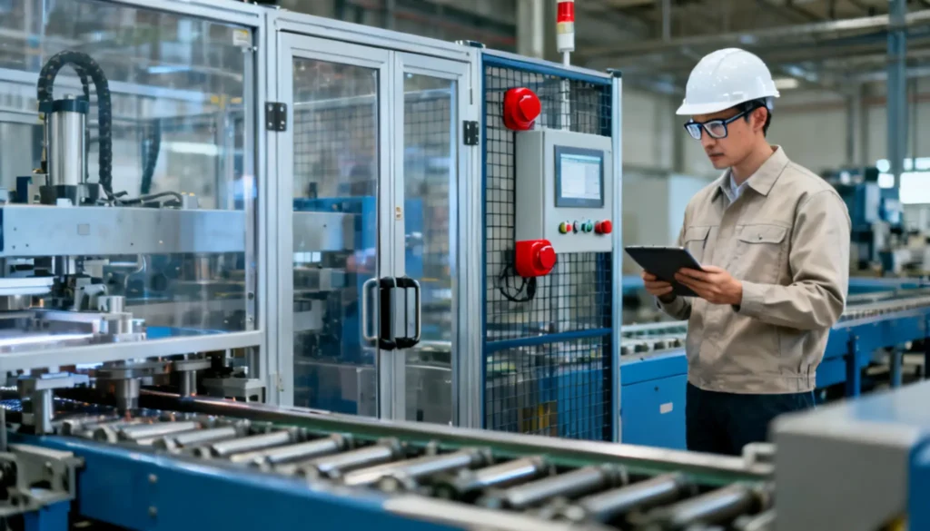 Seguridad en máquinas: normativa, medidas de protección y cómo cumplirlas en tu empresa Técnico revisando la seguridad de una máquina en una industria