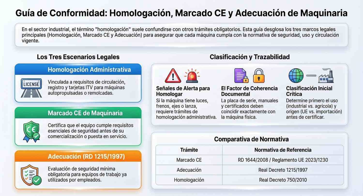 Homologación de maquinaria: cuándo puede ser necesaria y cómo revisar tu caso Infografía explicativa de las diferencias entre homologar, marcado CE de maquinaria y adecuación