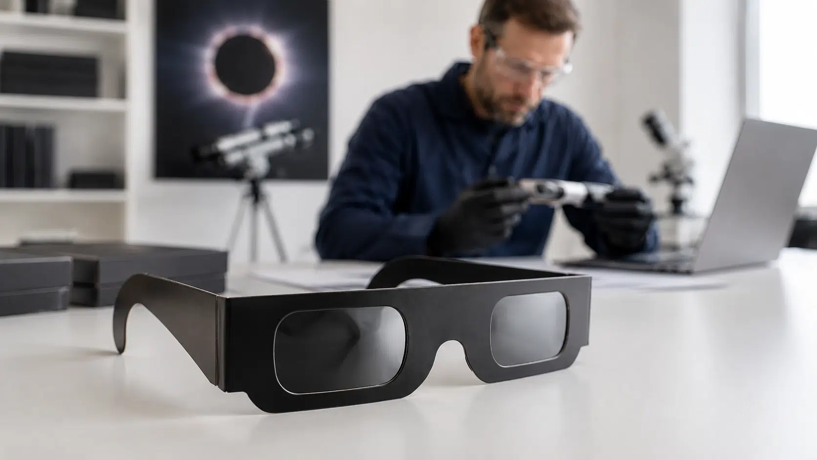 Técnico comprobando la correcta homologación de unas gafas de eclipse solar