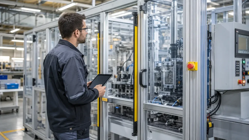 Sistemas de seguridad en máquinas: qué son y cómo funcionan Técnico revisando los sistemas de seguridad de las máquinas