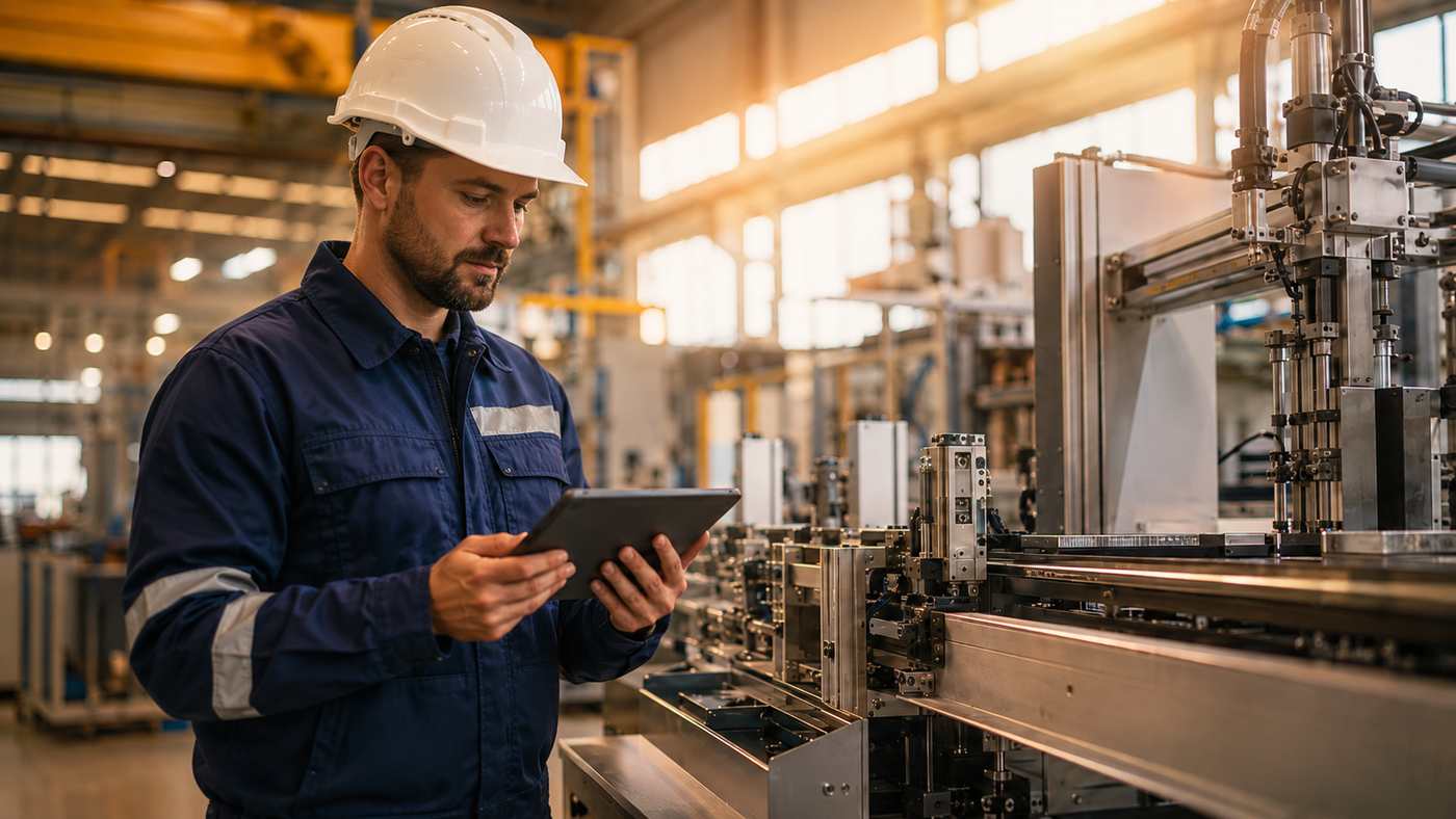Técnico revisando la homologación de una máquina industrial